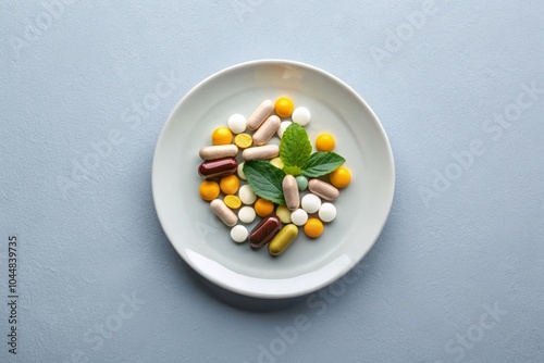 Minimalist Plate of Multivitamin and Mineral Supplements for Healthy Meal Replacement, Nutritional Balance, Vitamins, Wellness, Dietary Supplements, Clean Eating, Minimalism