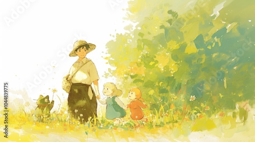 light watercolour, family, bright, white background, few details, dreamy