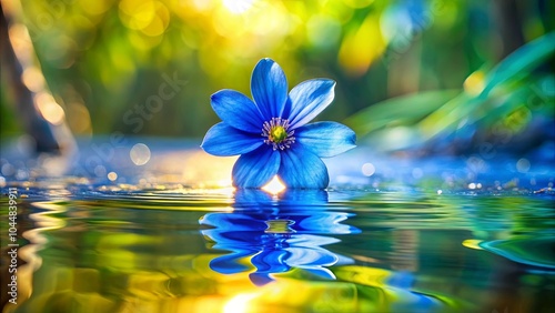 A single blue flower blossoms on the surface of a still pond, its reflection mirrored in the tranquil water, creating a serene and captivating scene.