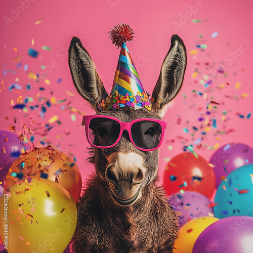 Party animal! Colorful photo of funny, happy donkey on pink / fuchsia background. Ballons, confetti, happy mood. Birthday celebration banner.  Square frame photo