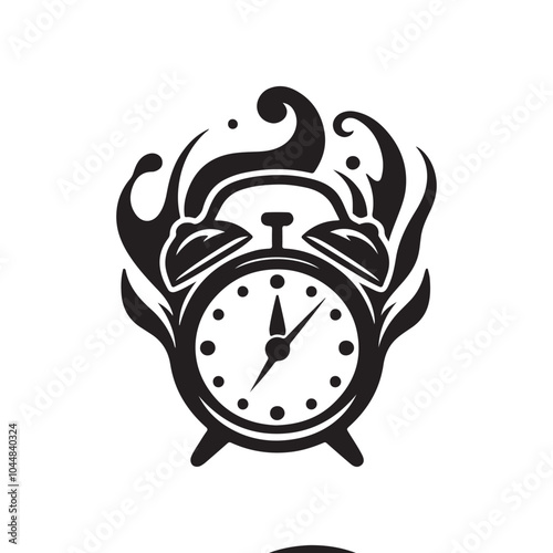 Alarm clock silhouette icon with fire or flame shape, alarm clock with fire style, alarm clock vector silhouette icon