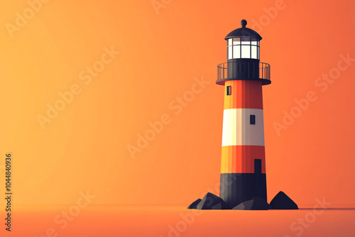 3D illustration of a lighthouse with black, white, and orange stripes on a simple orange background, symbolizing direction 