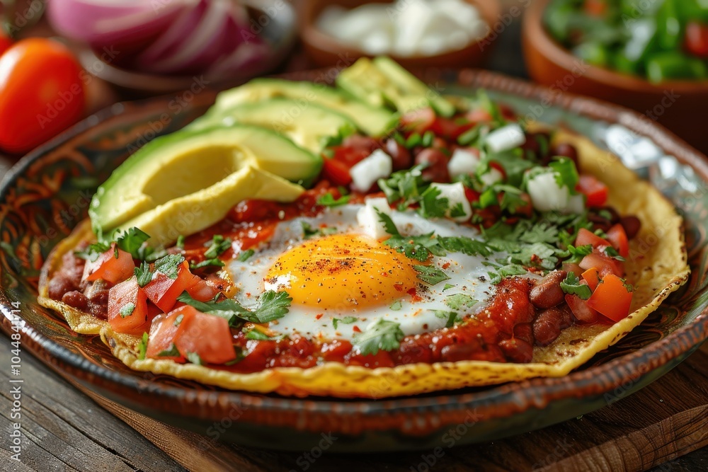 A dish of huevos rancheros, with fried eggs on corn tortillas topped with a tomato-chili sauce, served with refried beans and sliced avocado A dish of huevos rancheros, with fried eggs on corn tortillas topped with a tomato-chili sauce, served with refried beans and sliced avocado