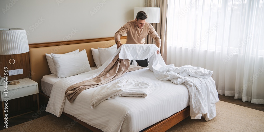 Efficient Removal of Used Bed Linens, Towels, and Bathrobes: Preparing the Room for Fresh Bedding and a Clean Guest Experience in Premium Hotels. Efficient Removal of Used Bed Linens, Towels, and Bathrobes: Preparing the Room for Fresh Bedding and a Clean Guest Experience in Premium Hotels.