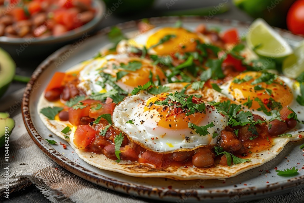 A dish of huevos rancheros, with fried eggs on corn tortillas topped with a tomato-chili sauce, served with refried beans and sliced avocado A dish of huevos rancheros, with fried eggs on corn tortillas topped with a tomato-chili sauce, served with refried beans and sliced avocado