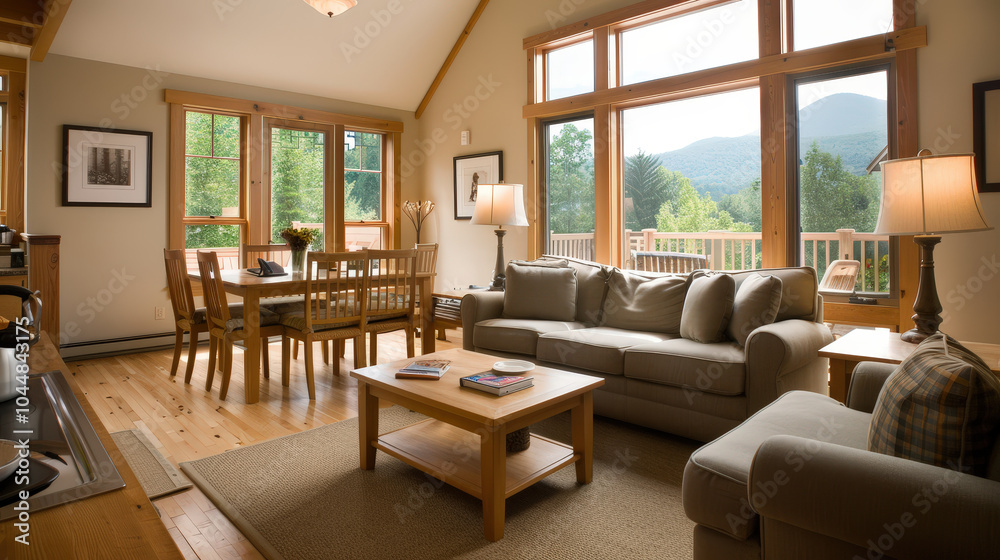 Cozy living room with minimalist country design featuring large windows, comfortable sofa, and wooden dining table. serene mountain view adds peaceful ambiance
