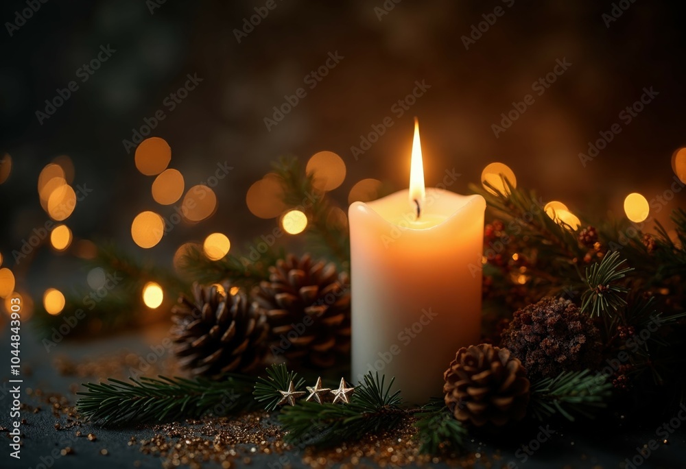 A Cozy Holiday Candle Amid Festive Pine and Golden Glitter A Cozy Holiday Candle Amid Festive Pine and Golden Glitter