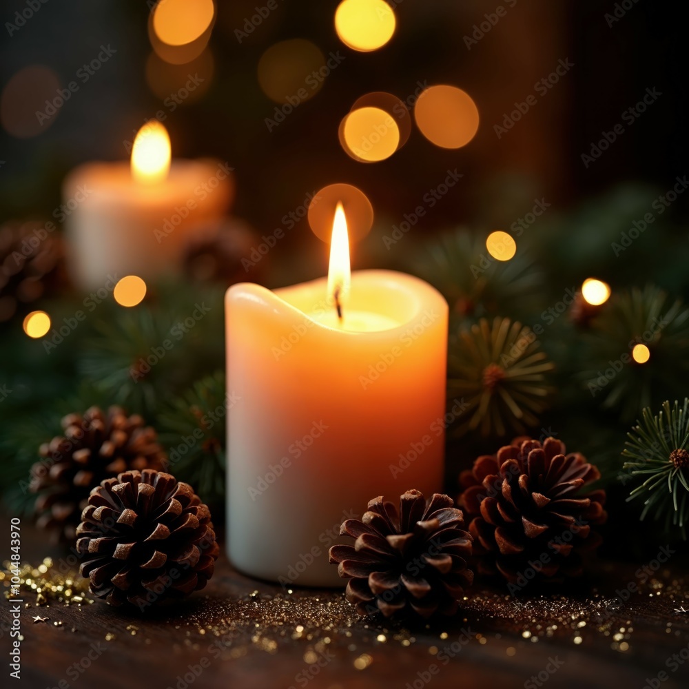 A Cozy Holiday Candle Amid Festive Pine and Golden Glitter A Cozy Holiday Candle Amid Festive Pine and Golden Glitter