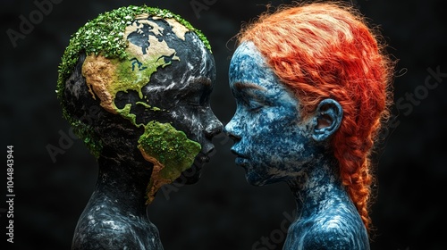 Symbolic representation of a young Adam and Eve at a critical juncture for humanity amidst global warming, climate change, and the threat of extinction #1044843944