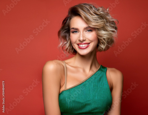 Portrait of Beautiful Happy Young Woman Smiling Against Colorful Studio Background