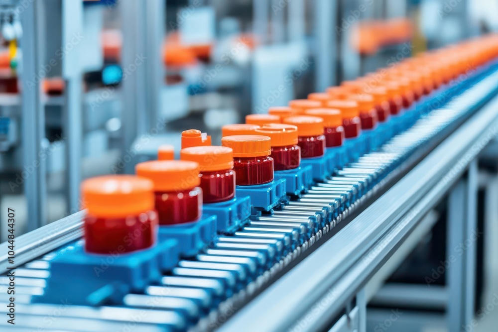 Obraz premium Closeup of products moving seamlessly through an automated conveyor system, ultrarealistic detail of machinery and highefficiency production process