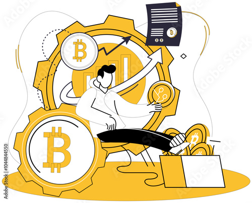 Crypto education. A person sits surrounded by Bitcoin symbols and gears, with charts and graphs in the background. Ideal for cryptocurrency learning, blockchain, investment, digital technology photo