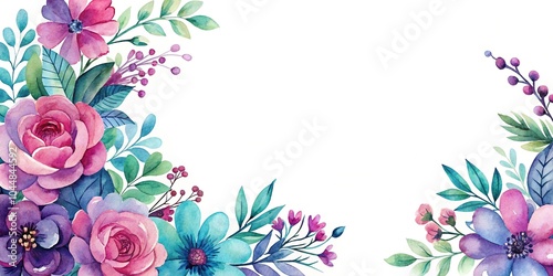 Watercolor floral border in purplish pink blue and teal photo