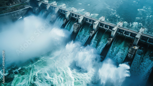 hydroelectric dam with massive amounts of water flowing through its gates creates powerful and dynamic scene. rushing water showcases energy and force of nature, highlighting engineering marvel of