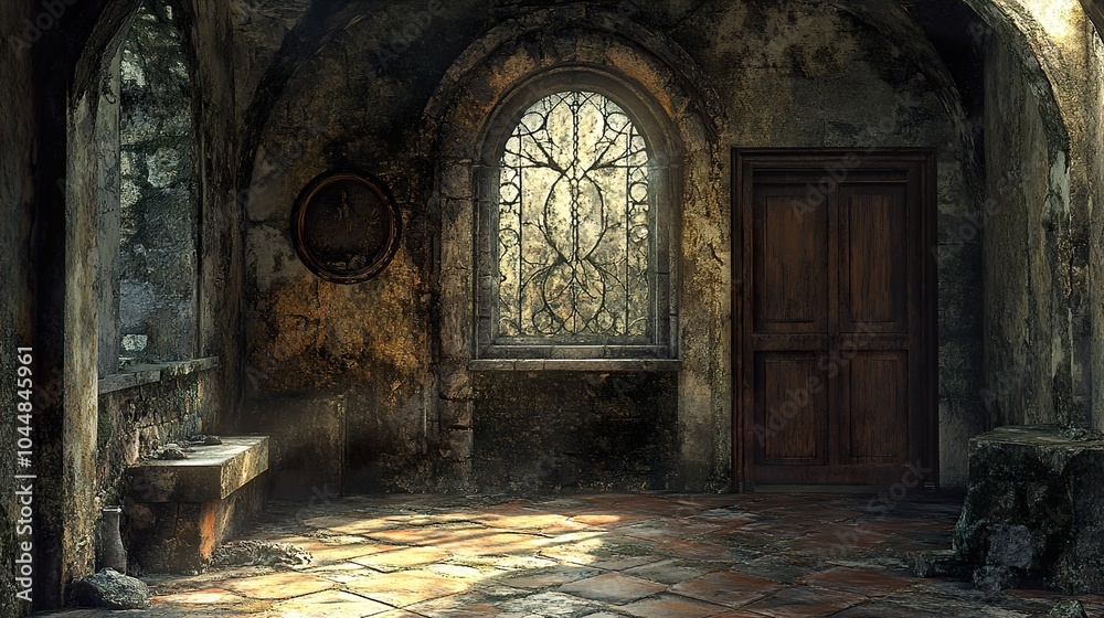 Old Stone Building Interior with Doorway and Window Old Stone Building Interior with Doorway and Window