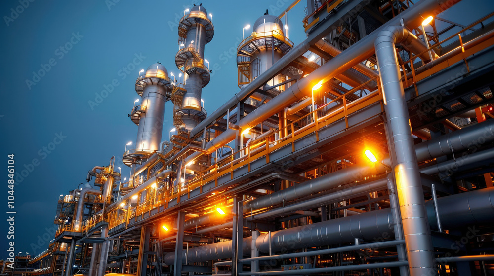 Industrial facility with glowing lights and complex piping systems, showcasing petrochemical plant at dusk. intricate design highlights modern engineering and technology involved in industry Industrial facility with glowing lights and complex piping systems, showcasing petrochemical plant at dusk. intricate design highlights modern engineering and technology involved in industry