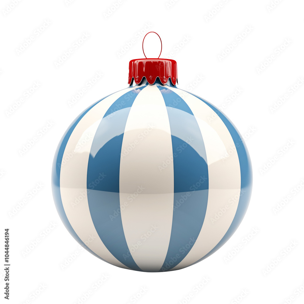Christmas ornament with blue and white stripes, showcasing a shiny surface and a festive design isolated on white background, perfect for holiday decorations. Christmas ornament with blue and white stripes, showcasing a shiny surface and a festive design isolated on white background, perfect for holiday decorations.