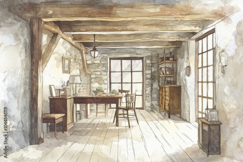 Minimalistic cozy farmhouse interior with rustic wooden furniture and natural light