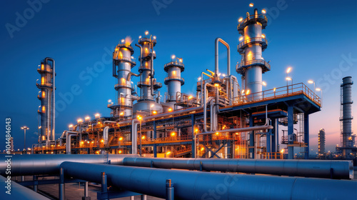 stunning long exposure image of petrochemical plant illuminated by glowing lights at dusk, showcasing intricate structures and pipes that define industrial landscape