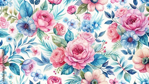 Watercolor floral pattern with pink and blue flowers close-up