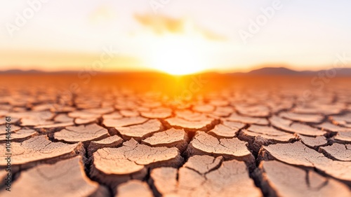 A stunning sunset over a cracked landscape, highlighting the effects of drought and climate change on the earth's surface.