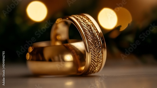 Two gold wedding bands with decorative patterns on a white surface with a blurry background of warm lights.