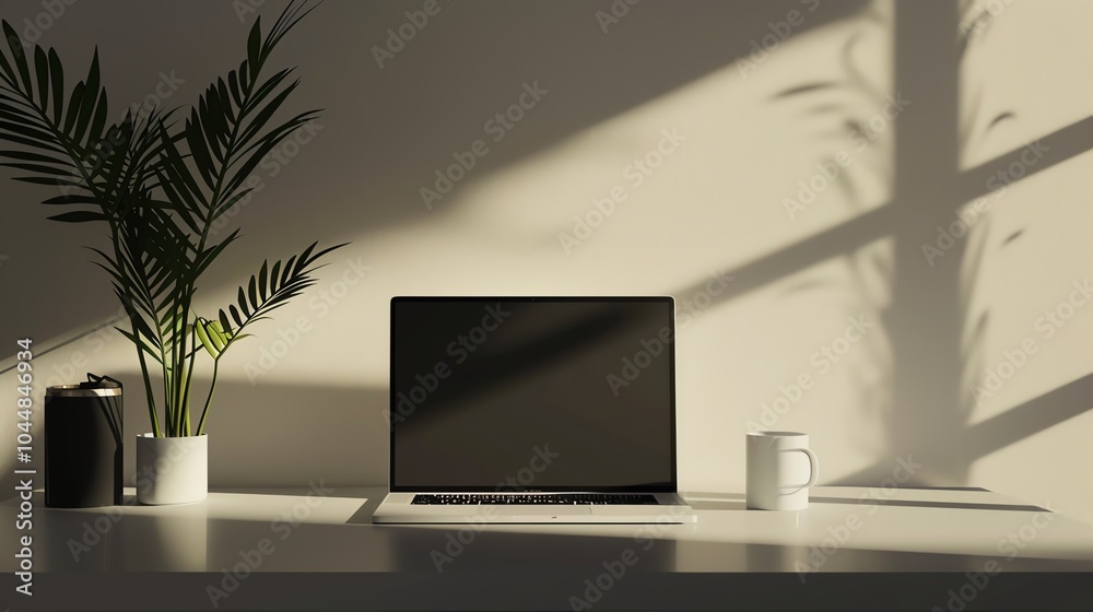 A 3D render of a sleek laptop on a minimalist desk A 3D render of a sleek laptop on a minimalist desk