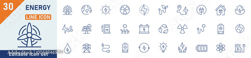 Energy and Power line icon set. Set of 30 outline icons related to energy, power, green energy, solar electrical and others. Editable stroke. Vector illustration.