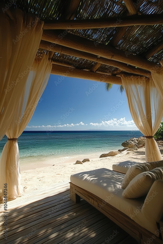 Obraz premium Tropical beachfront view from a cozy cabana with ocean waves and clear sky.