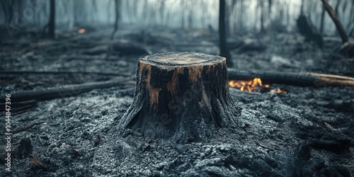 Charred tree stump in a destroyed forest, ashcovered ground, aftermath of a major wildfire photo