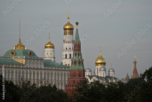 Russia, Moscow, Moscow Kremlin, Kremlin wall, Kremlin towers and bell tower. View from The Cathedral of Christ the Saviour