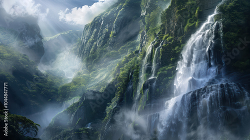 majestic waterfall cascading down mountain, surrounded by lush greenery and mist. Sunlight filters through clouds, creating serene and tranquil atmosphere