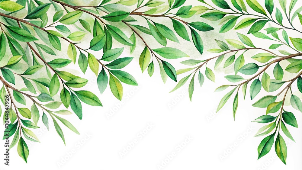 Fototapeta premium Watercolor green branches isolated on white background in forced perspective