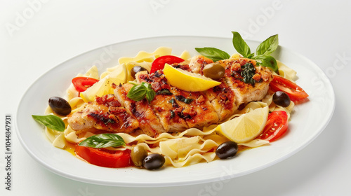 Wallpaper Mural Veal escalope with tomatoes, olives, and basil on light pasta, served with lemon wedges, against a white background. Torontodigital.ca