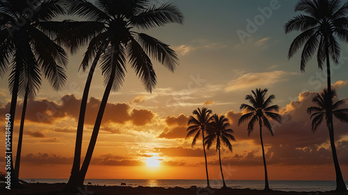 Tranquil Sunset Over Cuban Beach with Palm Trees