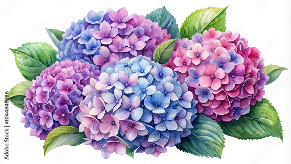 Obraz premium Watercolor hydrangea clipart with clusters of blue purple and pink flowers close-up