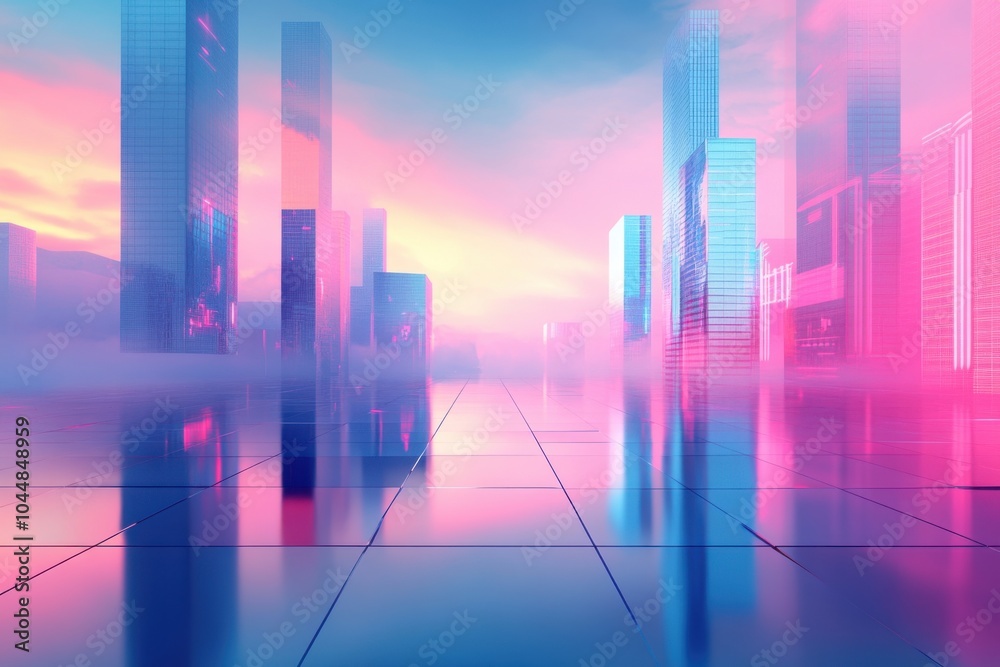 Minimalistic futuristic cityscape with retro aesthetic at sunset Minimalistic futuristic cityscape with retro aesthetic at sunset