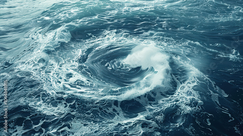 powerful whirlpool forming in middle of ocean creates mesmerizing display of swirling water and frothy waves. dynamic movement evokes sense of natures raw energy and beauty