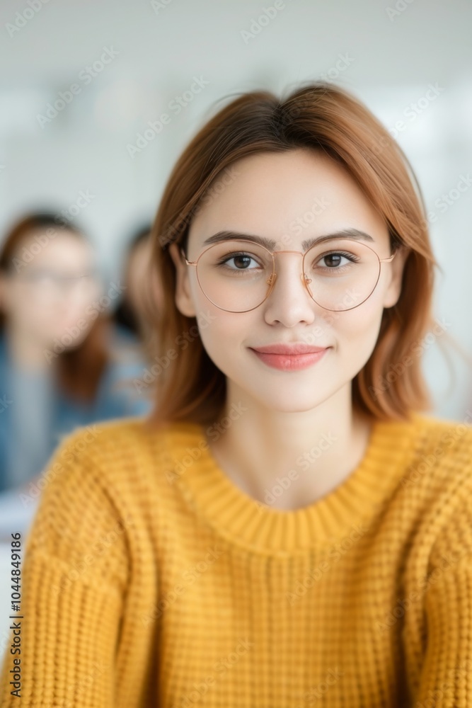 Confident Young Asian Woman with Glasses in a Casual Yellow Sweater Confident Young Asian Woman with Glasses in a Casual Yellow Sweater