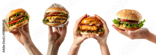 Collection of hand holding burger, cheeseburger, hamburger, fish fillet, meat, chicken, beef flavour on transparent cutout, PNG. Many different flavour and pose. Mockup template for design