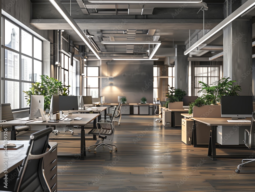 A 3D render of an office with multiple workstations and computers