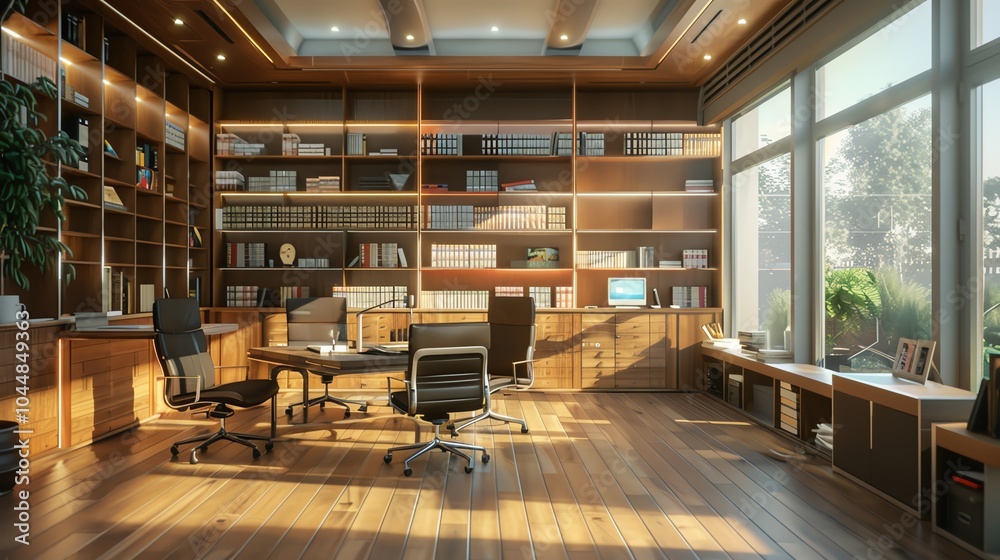 A 3D render of an office with large bookshelves and storage units A 3D render of an office with large bookshelves and storage units