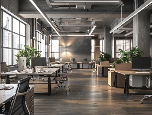 Obraz na płótnie A 3D render of an office with multiple workstations and computers w salonie