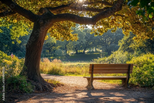 Fototapeta Naklejka Na Ścianę i Meble -  A peaceful park scene with a wooden bench under a giant tree. Sunlight filters through the leaves creating a serene atmosphere. Ideal for relaxation and nature lovers. Generative AI