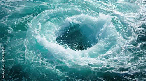 powerful whirlpool forms in middle of ocean, creating mesmerizing display of swirling water and frothy waves. dynamic movement evokes sense of awe and wonder
