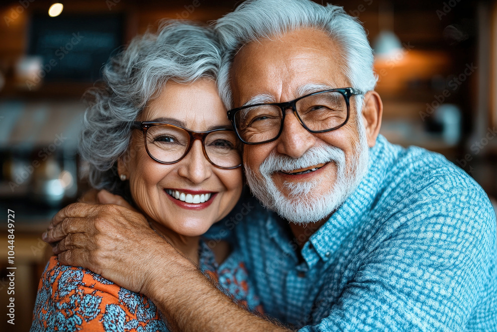 A joyful senior couple embracing with love and affection, smiling widely in a warmly lit setting that captures their enduring bond and contentment with life. A joyful senior couple embracing with love and affection, smiling widely in a warmly lit setting that captures their enduring bond and contentment with life.