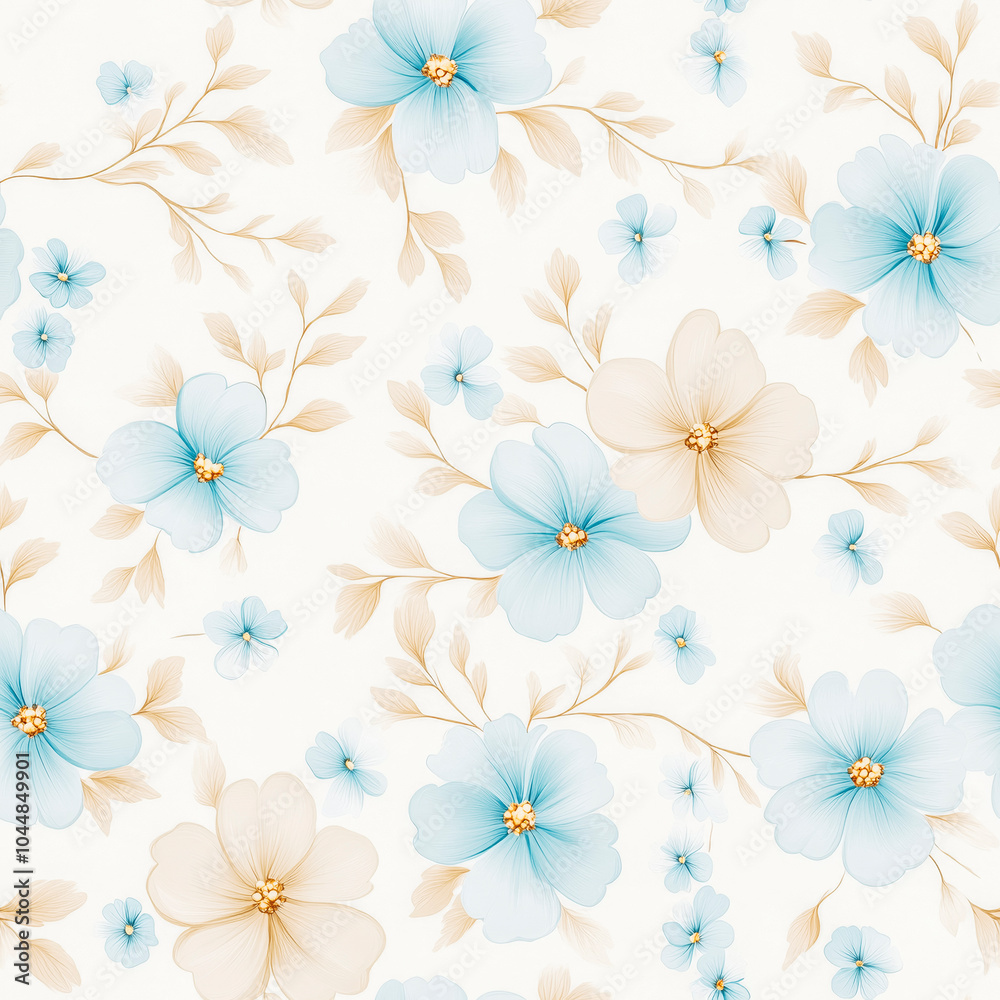 Elegant Floral Wallpaper Design with Blue and Cream Blooms Elegant Floral Wallpaper Design with Blue and Cream Blooms