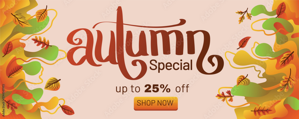 Autumn Promotion Template with Liquid Abstract Background and Vibrant Leaves. concept of autumn special offer with abstract background banner template vector illustration Autumn Promotion Template with Liquid Abstract Background and Vibrant Leaves. concept of autumn special offer with abstract background banner template vector illustration