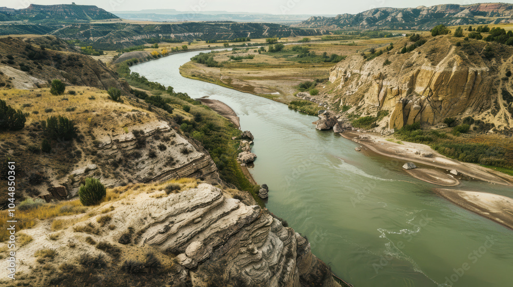 stunning aerial view of river winding through rocky terrain, showcasing beauty of nature and effects of erosion on landscape. lush greenery contrasts with rugged cliffs, creating serene and stunning aerial view of river winding through rocky terrain, showcasing beauty of nature and effects of erosion on landscape. lush greenery contrasts with rugged cliffs, creating serene and
