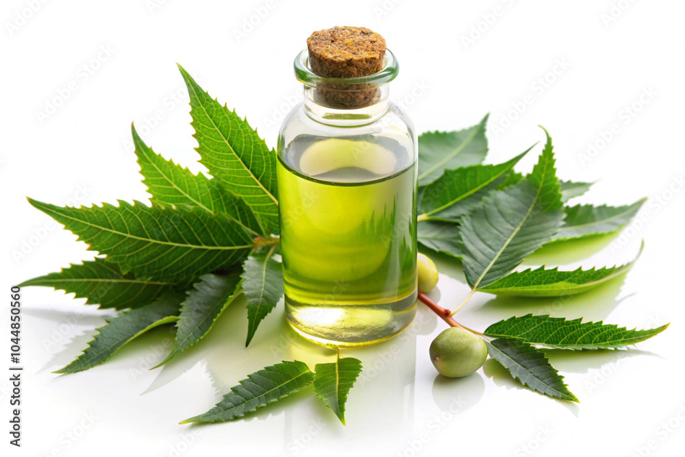 Ayurvedic neem oil bottle with dropper isolated on white background for design Ayurvedic neem oil bottle with dropper isolated on white background for design